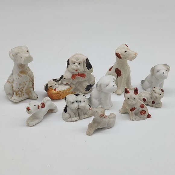 Vintage Antique Bisque Dog Figurines Set Of 10 - Miniature Collectibles Terrier - Picture 1 of 9